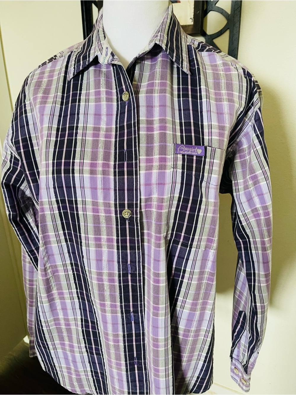 VINTAGE Cowgirl Hardware Rodeo Western Purple Plaid Button-Up Shirt